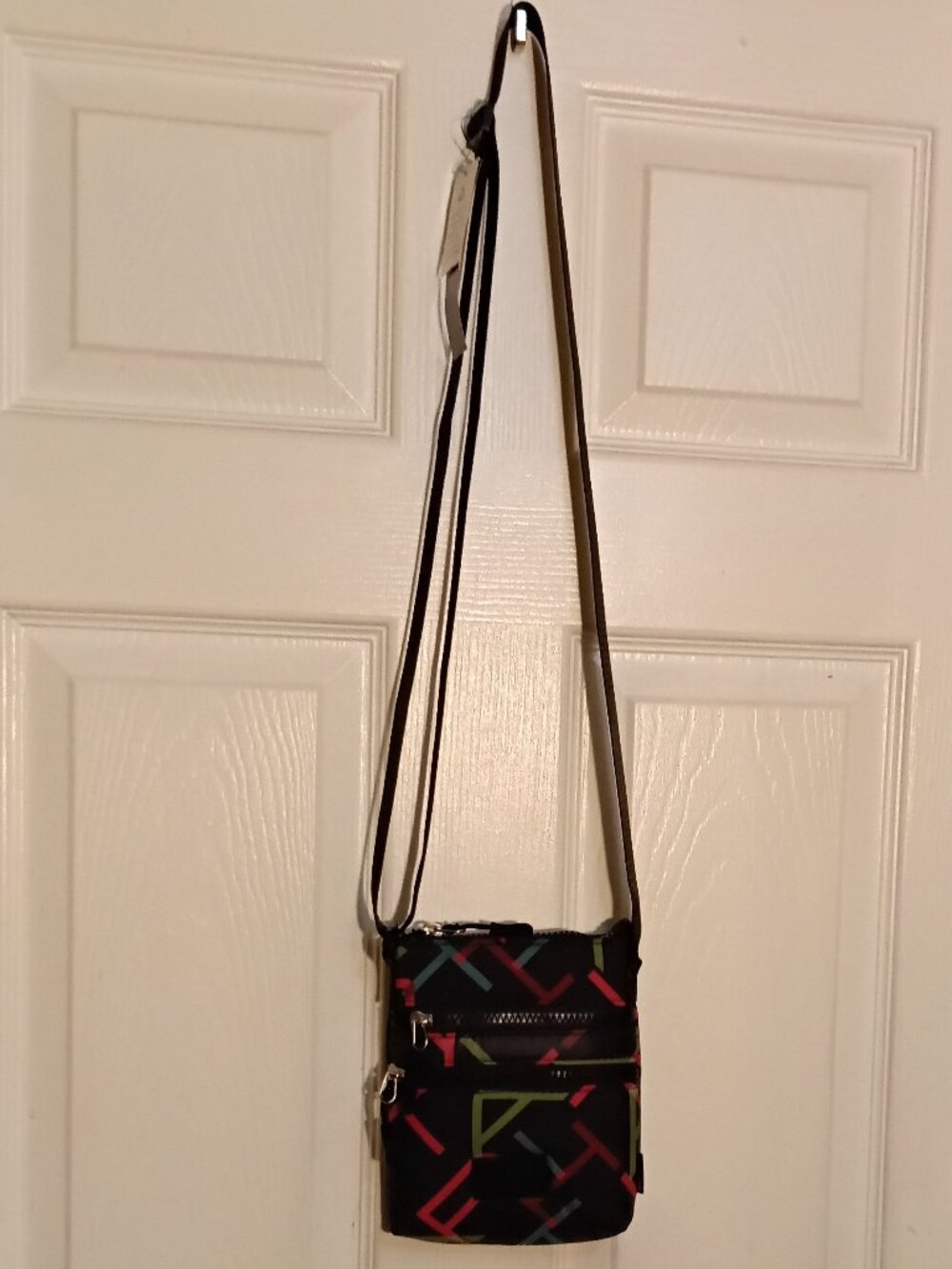 Tahari Triple Zip Crossbody Bag - Black Geometric Print - Picture 2 of 8